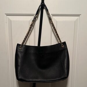 Tory Burch Black Pebbled Leather Shoulder Bag with Gold Chain